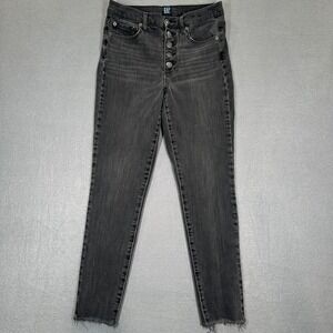 Gap Jeans Womens 27 Black True Skinny Mid Rise Button Fly Frayed Hem Whisker
